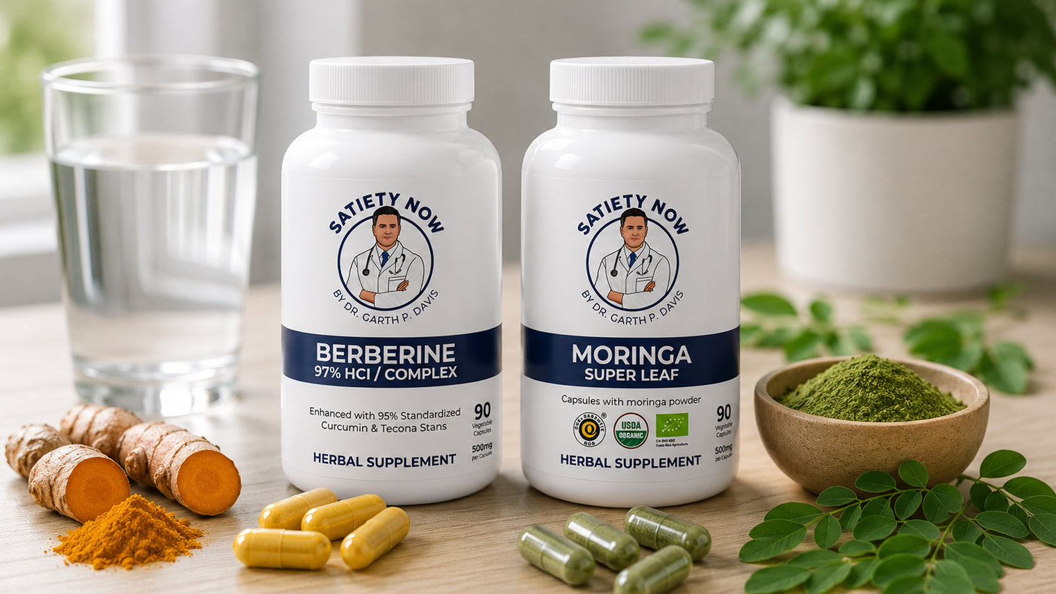 Satiety Now Berberine and Moringa supplements featured in a guide explaining can you take berberine and moringa together for metabolic health and satiety support.