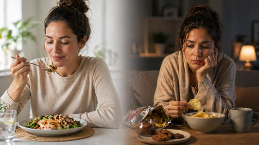 A split image illustrating the difference between satiety and satiation, showing a woman enjoying a balanced meal on one side and later snacking despite lingering hunger on the other.