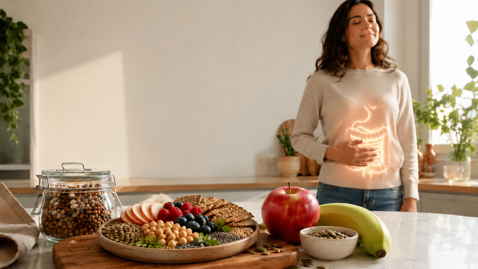 Woman in a bright kitchen highlighting fiber and satiety, with an illuminated digestive tract and a spread of high-fiber foods including lentils, chickpeas, seeds, fruit, and whole-grain crackers.