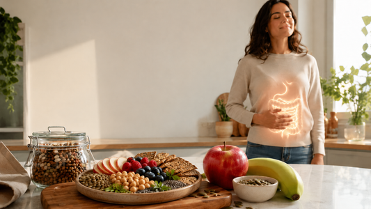 Woman in a bright kitchen highlighting fiber and satiety, with an illuminated digestive tract and a spread of high-fiber foods including lentils, chickpeas, seeds, fruit, and whole-grain crackers.