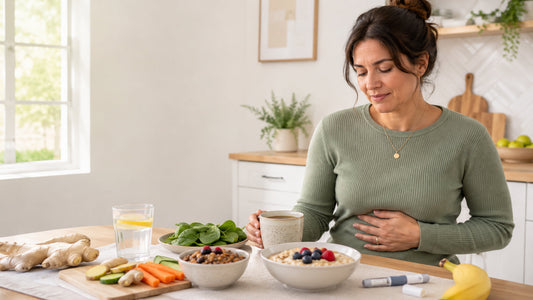 Woman experiencing digestive discomfort while eating fiber-rich foods, illustrating how to ease GLP-1 side effects naturally.