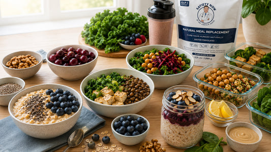 Healthy plant-based intermittent fasting meal plans featuring overnight oats, lentils, tofu bowls, berries, leafy greens, and Satiety Now meal replacement shake on a bright kitchen table.